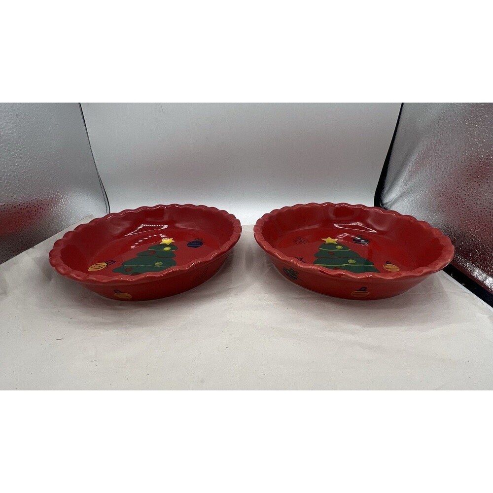 2 Michaels Christmas Red 9" Pie Plate Ruffled Fluted Edge Hand Painted Tree